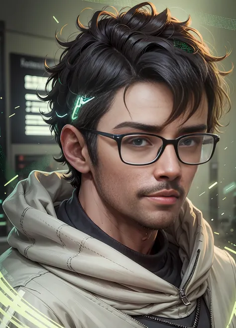 character, a skinny young man wearing glasses and sweatshirt, with dark hair, short hair, lighting details, anime-style with def...