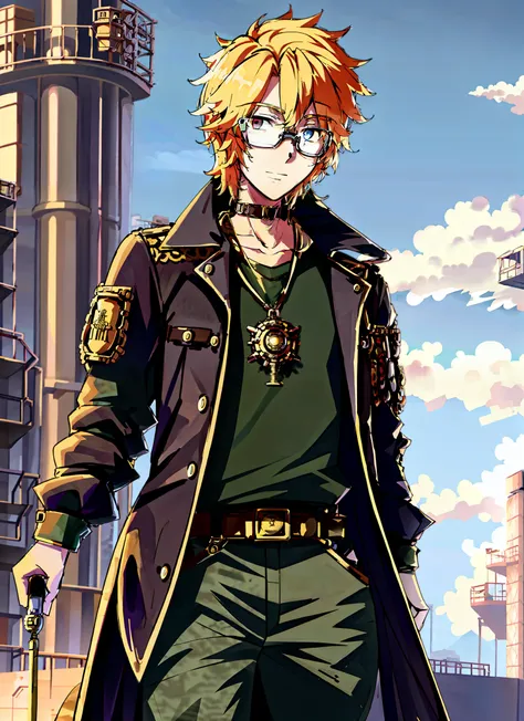 anime character with blonde hair and steampunk glasses in front of a factory, anime key art, human solarpunk, main anime visuals...