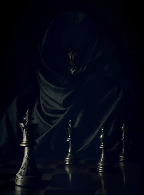 a hooded silhouette , does not appear the face, covert face and hood playing chess, the king of death, dark dress, dark soul con...