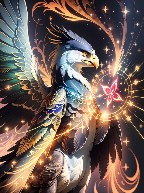 a painting of a colored eagle on a black background,, breathtaking rendering, within a radiant connection, inspired by kinuko y....