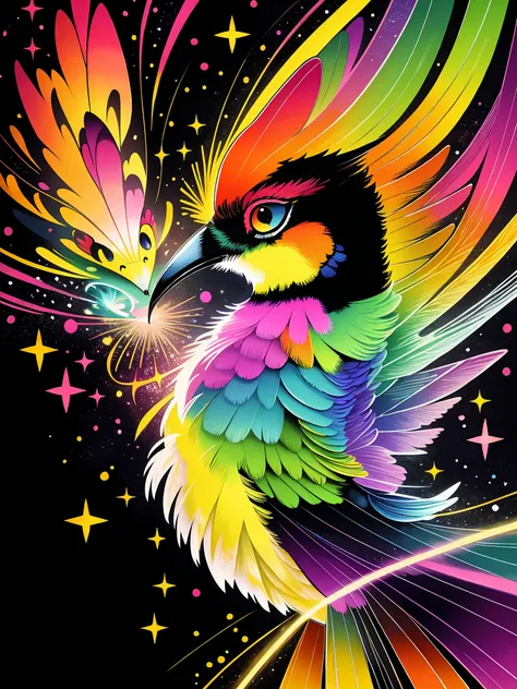 a painting of a colorful humming-bird on a black background, rendered breathtaking, in a radiant connection, inspired by kinuko ...