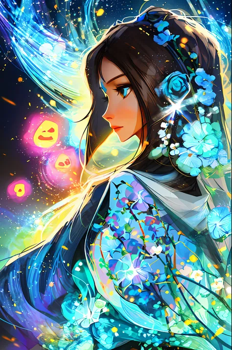 (symmetry: 1.1) (floral portrait: 1.05) a woman as a beautiful sorceress, (assassin's creed style: 0.8), teal and black and opal...