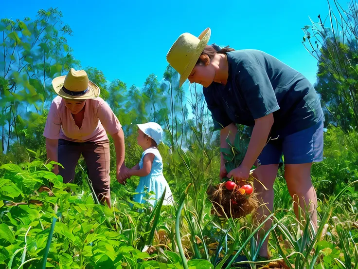 there are two women and a child picking vegetables in a field, permaculture, gardening, busy villagers farming, by elizabeth dur...