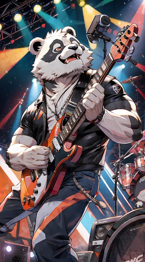 create an image of a muscular panda furry playing an electric guitar on a stage. the panda should have a muscular build and wear...