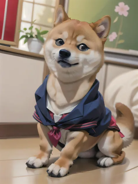 :: vivid colors, highly defined, highly detailed, 8k, solo, 1dog :: mntydge wearing a  japanese school uniform, shiba inu, slskm...