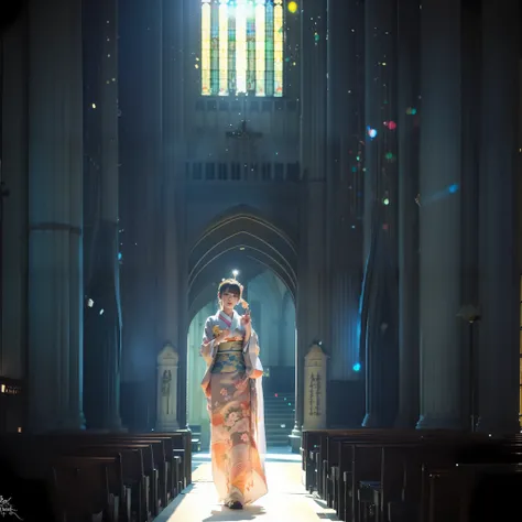 There is a beautiful teenage slender girl in a traditional kimono of Japan walking inside the dimly lit church of Notre Dame Cathedral. Her feet shine reflecting the light from above. Her kimono shines beautifully in the light from above. The kimono is tra...