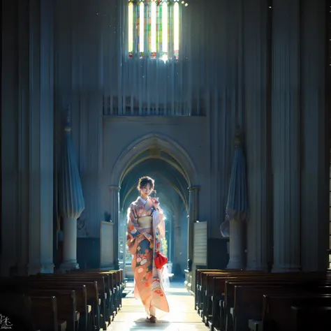 There is a beautiful teenage slender girl in a traditional kimono of Japan walking inside the dimly lit church of Notre Dame Cathedral. Her feet shine reflecting the light from above. Her kimono shines beautifully in the light from above. The kimono is tra...