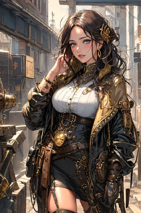 (1girl:1.3), looking at viewer, (steampunk suggestive clothes, maven, average height, toned, round face, olive skin, brunette ha...