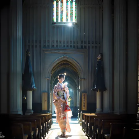 There is a beautiful teenage slender girl in a traditional kimono from Japan walking inside the dimly lit church of the detailed in-rendered realistic Notre Dame Cathedral. The floor beneath her feet glitters reflecting light from above. Her kimono shines ...