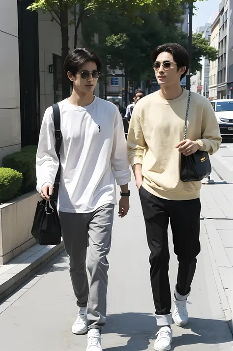 two men walking with bags in hand, street, paparazzi footage, sunny weather