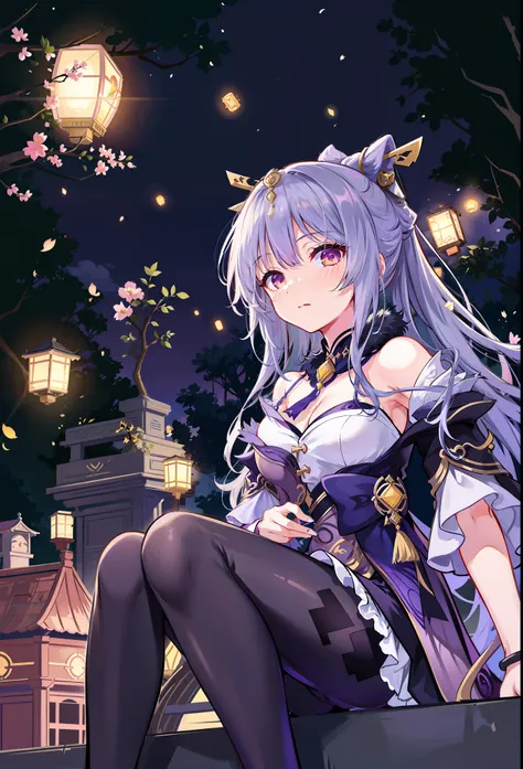 anime girl with long purple hair sitting on a ledge in front of lanterns, ayaka genshin impact, keqing from genshin impact, very...