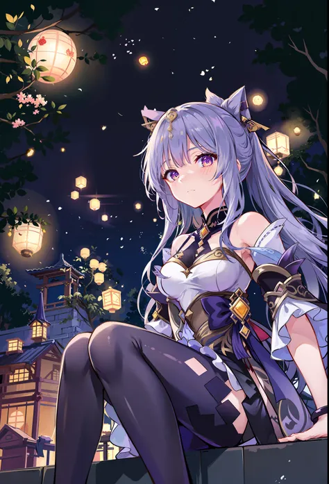 anime girl with long purple hair sitting on a ledge in front of lanterns, ayaka genshin impact, keqing from genshin impact, very...