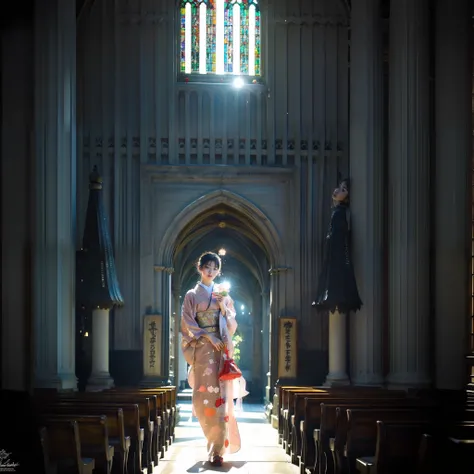 There is a beautiful teenage slender girl in a traditional kimono of Japan walking inside the dimly lit church of realistic Notre Dame Cathedral rendered in so much detail. She holds an iPhone in her left hand. The floor beneath her feet glitters in the af...