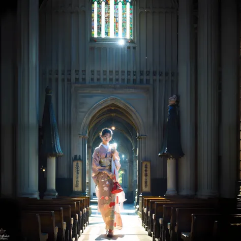 There is only one beautiful teenage slender girl in a traditional kimono of Japan walking inside the dimly lit church of the realistic Notre Dame Cathedral in Paris rendered in great detail. She holds an iPhone in her left hand. The iPhone screen glows in ...