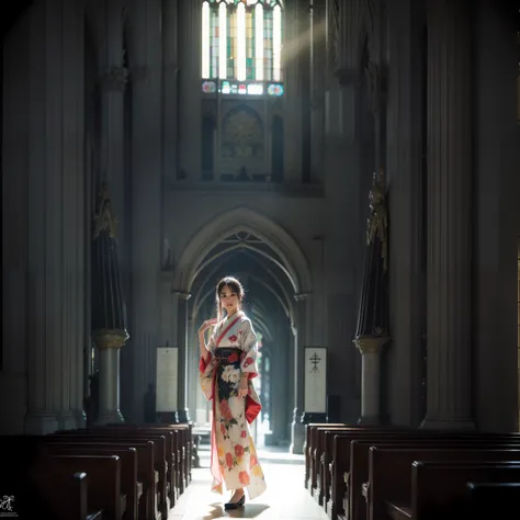 There is a beautiful teenage slender girl in a traditional kimono of Japan walking inside the dimly lit church of Notre Dame Cathedral in Paris rendered in so detail. The floor beneath her feet shines beautifully reflecting the afternoon light. Her kimono ...
