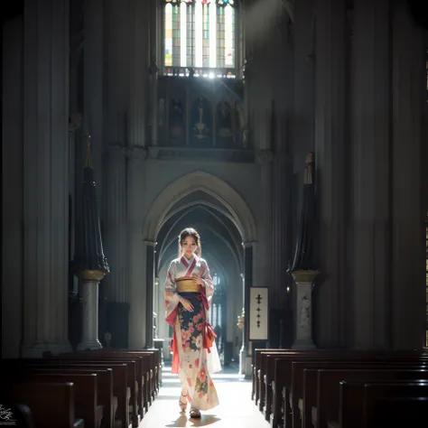 There is a beautiful teenage slender girl in a traditional kimono of Japan walking inside the dimly lit church of Notre Dame Cathedral in Paris rendered in so detail. The floor beneath her feet shines beautifully reflecting the afternoon light. Her kimono ...