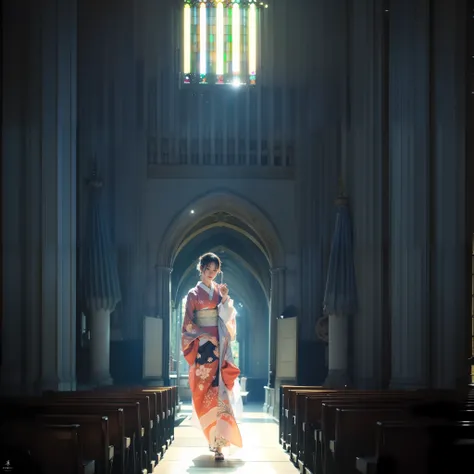 There is a beautiful teenage slender girl in a traditional kimono of Japan walking inside the dimly lit church of realistic Notre Dame Cathedral rendered in so much detail. Her feet shine reflecting the light from above. Her kimono shines beautifully in th...