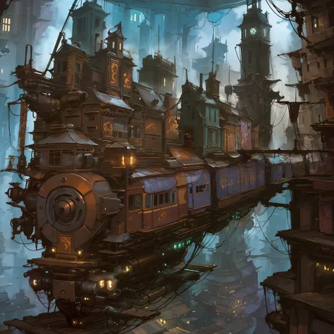 steampunk, city, obscure, night, steam train, well detailed, masterpiece, quality, many details