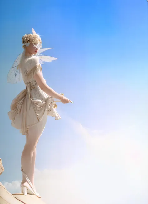 there is a woman in a white dress standing on a rock, a still of an ethereal, ethereal fantasy, stunning 3d render of a fairy, f...