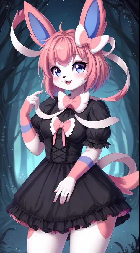 4k, master piece, best quality, kawaii, cute, sfw, sylveon, hioshiru, goth frilly dress, bob cut