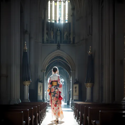 There is a beautiful teenage slender girl in a traditional kimono of Japan walking inside the dimly lit church of Notre Dame Cathedral in Paris rendered in so detail. The floor beneath her feet shines beautifully reflecting the afternoon light. Her kimono ...