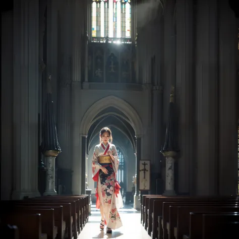 there is a beautiful teenage slender girl in a traditional kimono of japan walking inside the dimly lit church of notre dame cat...