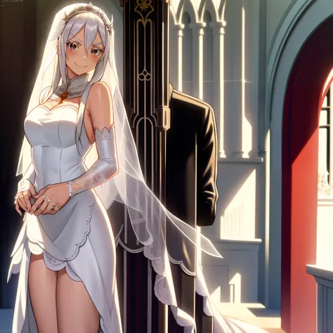 masterpiece,best quality,anime,2d,detailed eyes,
1girl,solo,cowboy shot, very long hair, white hair, black eyes, colored eyelashes, white_eyelashes,hair between eyes, medium breasts, standing, cathedral, ,temple,white_eyebrows,blush,smile,happy, (wedding d...