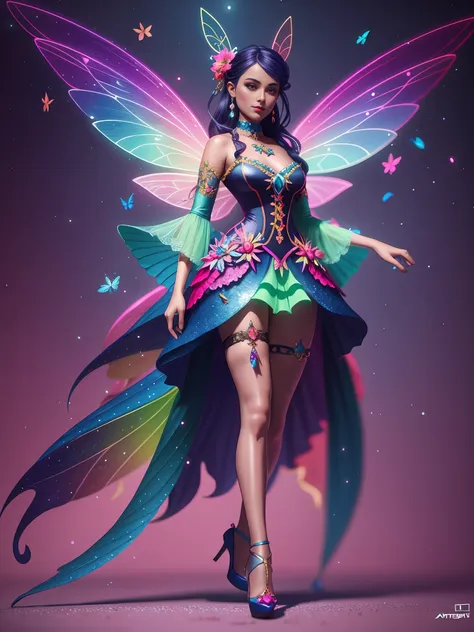 brightly colored fairy with beautifull clothes and dressed from head to toe, dark background, vibrant details, artstation, hyper...