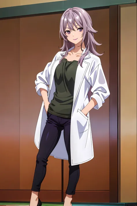 masterpiece, best quality, SawadaV4, 1girl, solo, looking at the viewer, smile, shirt, neckline, standing, cowboy shot, in class, purple eyes, pants, black shoes, high heels, ((hands in pocket)), black pants, lab coat,