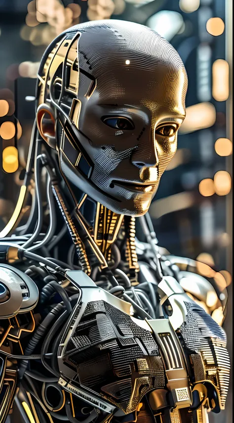 Zoom on the head of a highly advanced humanoid robot, its face covered in an array of microchips and circuit boards, meticulously crafted to resemble human facial structure, featuring expressive eyes and synthetic hair, situated within a bustling futuristi...