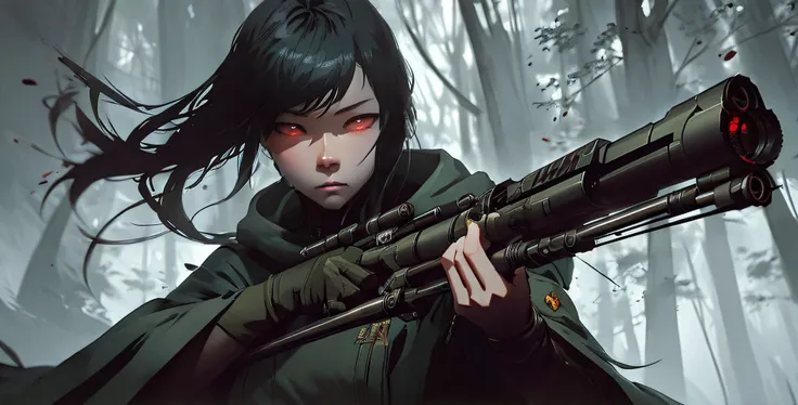 anime girl with a gun sniper, wearing a cloak, dark fantasy forest background, badass anime, guweiz style art, alena aenami and ...