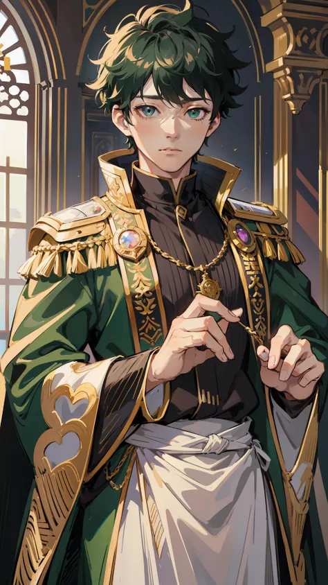 midoriya izuku, he is dressed in black prince clothes with gold details, his cape is black and glued to the collar of his costum...