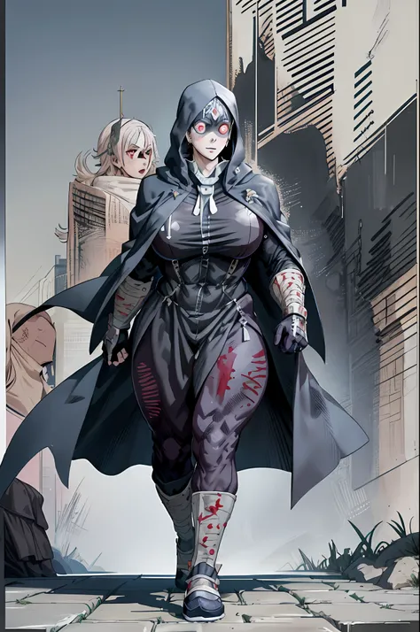 noi_dorohedoro, noi, muscular girl, huge chest, tall woman, priestess, martial art, modest, fully clothed, bent, pants, cloak, priestess, holy, walking, smile, coat, medieval, unmasked, nun, cloak,walking