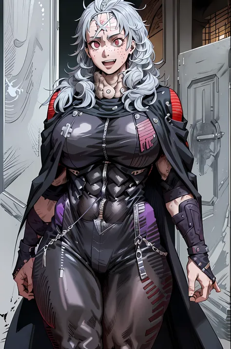 noi_dorohedoro, noi, muscular girl, huge chest, tall woman, priestess, martial art, modest, fully clothed, bent, pants, cloak, p...