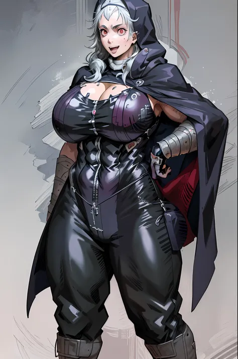 noi_dorohedoro, noi, muscular girl, huge chest, tall woman, priestess, martial art, modest, fully clothed, bent,, pants, cloak, priestess, holy, smile, coat, medieval, unmasked, nun, cloak,