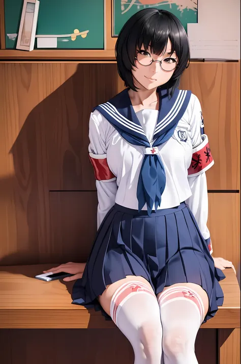 suzuka, girl, short black hair, face, glasses, atarashii gakko leaders, sleeved sailor school uniform, red armband, white/blue s...