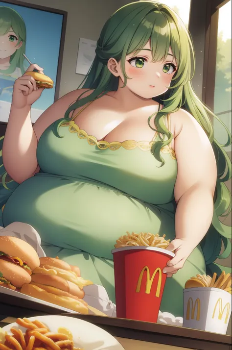 (masterpiece, best quality),  intricate details,
1girl,    green hair,    chubby, obese, mcdonalds,