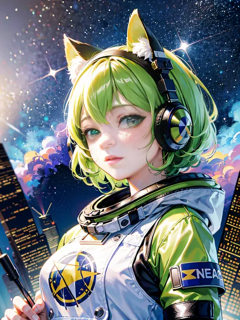 (highly detailed 8k wallpaper), idol in NASA spacesuit with colorful decorations, complex, high detail, dramatic, 8k, ((masterpiece, super detailed, complex detail, medium quality, illustration)), 1 girl, solo, hi-res, looking viewer, green short hair, dis...