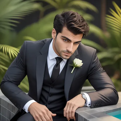 arafed man in a black suit sitting by a pool, handsome and elegant, handsome male, attractive man, handsome man, portrait shot, ...