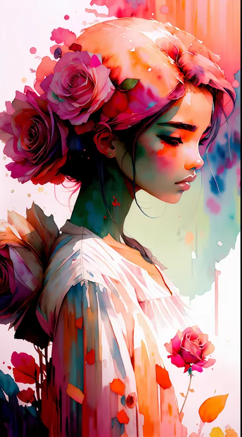 wtrcolor style, (rose) digital art, official art, blown by the wind, masterpiece, beautiful, ((watercolor)), paint splatter, int...