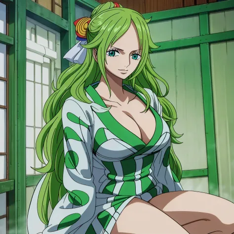monet, Wanostyle, 1girl, green hair, green jacket, blue eyes, breasts, neckline, collarbone, hair ribbon, jacket, jacket on the shoulders, Japanese clothes, kimono, large breasts, lips, long hair, looking at the viewer, obi, lips half-open, printed jacket,...