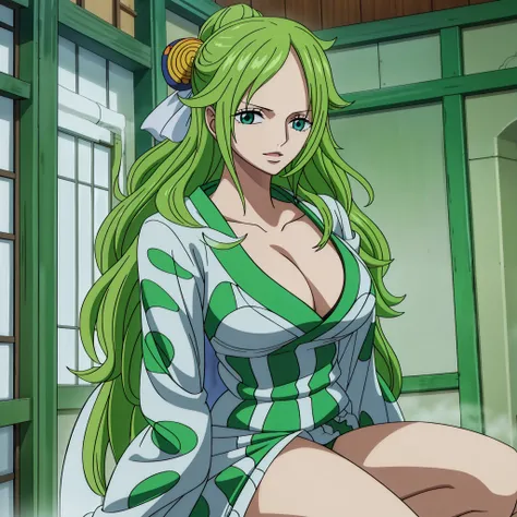 monet, Wanostyle, 1girl, green hair, green jacket, blue eyes, breasts, neckline, collarbone, hair ribbon, jacket, shoulder jacket, Japanese clothes, kimono, large breasts, lips, long hair, looking at the viewer, obi, lips half-open, printed jacket, printed...
