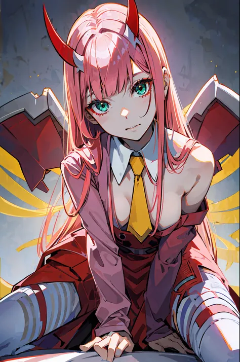 zero two (darling in franxx), darling in franxx, 1girl, looking at viewer, tilted, bangs, bite, shadow, green eyes, hair behind head, horns, long hair, makeup, small breasts, red dress, yellow tie, pink hair, red eyeshadow, science fiction, tight skin, sol...