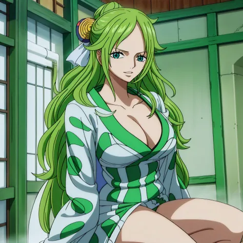 monet, Wanostyle, 1girl, green hair, green jacket, blue eyes, breasts, neckline, collarbone, hair ribbon, jacket, shoulder jacket, Japanese clothes, kimono, large breasts, lips, long hair, looking at the viewer, obi, lips half-open, printed jacket, printed...