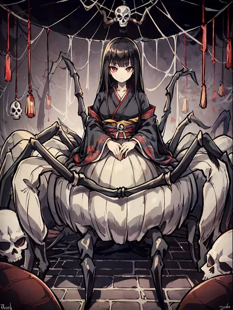 (arachne: 1.5),
master-piece, monster, solo, upper body bewitching beauty, lower body is a huge female spider, full body, kimono...