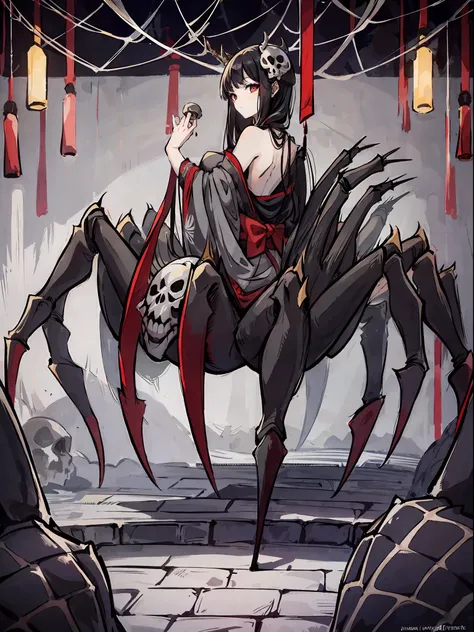 (arachne: 1.5),
master-piece, monster, solo, upper body bewitching beauty, lower body is a huge female spider, full body, kimono...