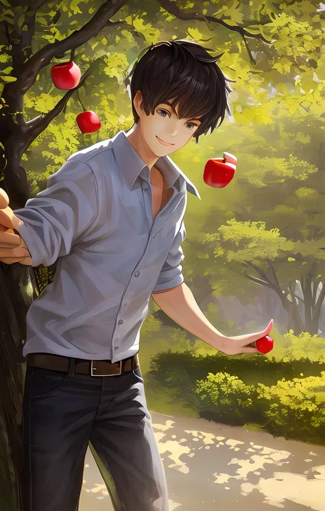 A boy smiling, swaying playfully on an apple tree, holding a log, photo realistic and sharp