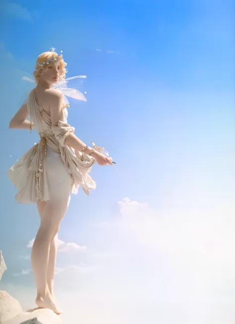 there is a woman in a white dress standing on a rock, a still of an ethereal, ethereal fantasy, stunning 3d render of a fairy, f...