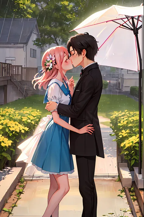 a couple kisses under an umbrella in the field, kissing is a wordless incantation, it rains, in the rain, kiss together cutely, ...