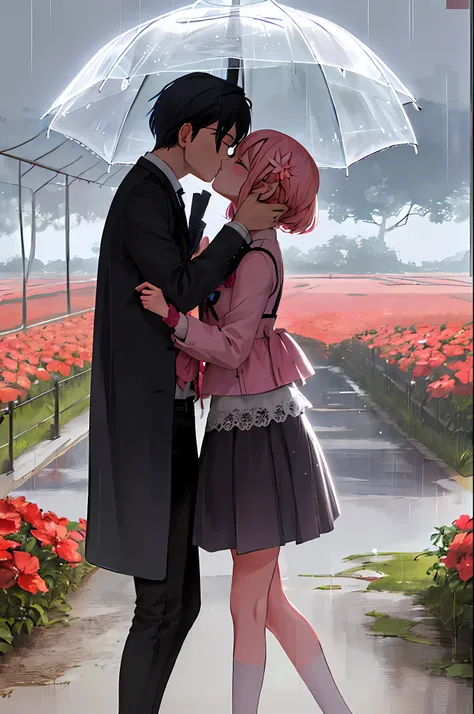 a couple kisses under an umbrella in the field, kissing is a wordless incantation, it rains, in the rain, kiss together cutely, ...